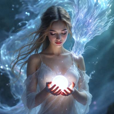 The primary subject of the image is a woman with long blonde hair, wearing a white dress and holding a glowing sphere in her hands. The setting is a blue and white background, which adds to the overall atmosphere of the image. The visual style is a combination of photo and digital art, creating a unique and captivating scene. The colors and mood of the image are predominantly blue and white, giving it a serene and ethereal feel.